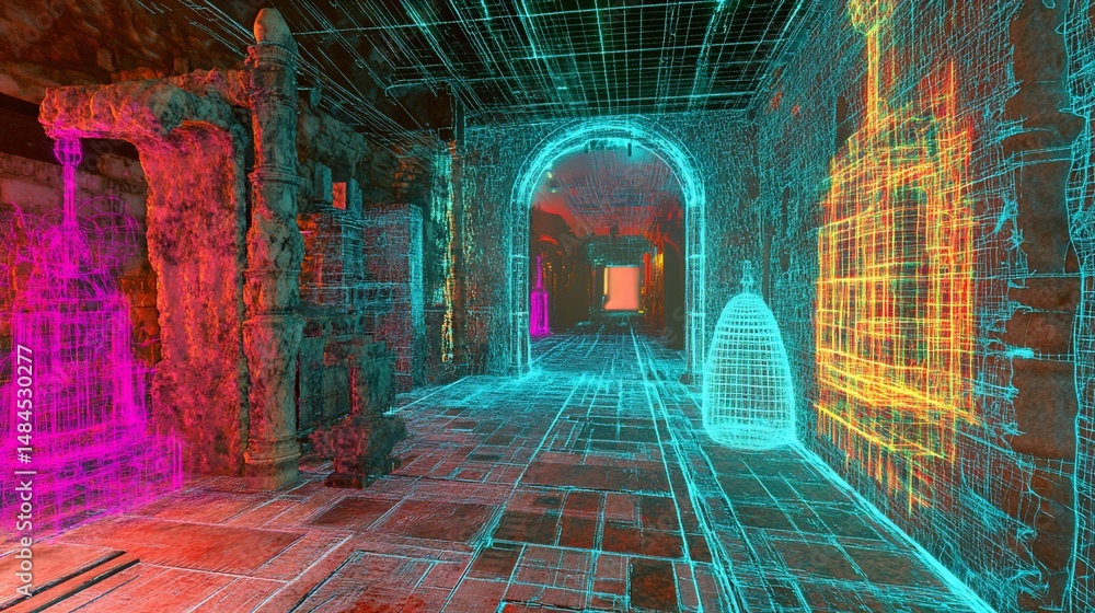 Aufkleber abstract digital scan of an old stone structure with a bright grid overlay