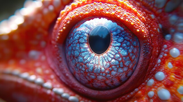 A close-up of a chameleon's eye with its unique texture and ability to move independently, a fascinating adaptation