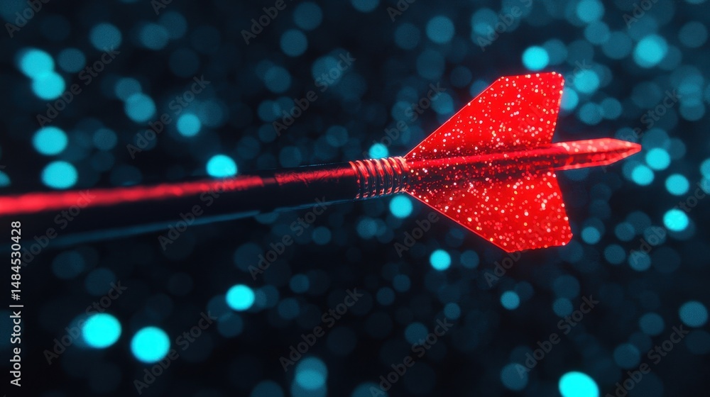 Poster red arrow flying through abstract colorful background with bokeh lights and sparkling effects
