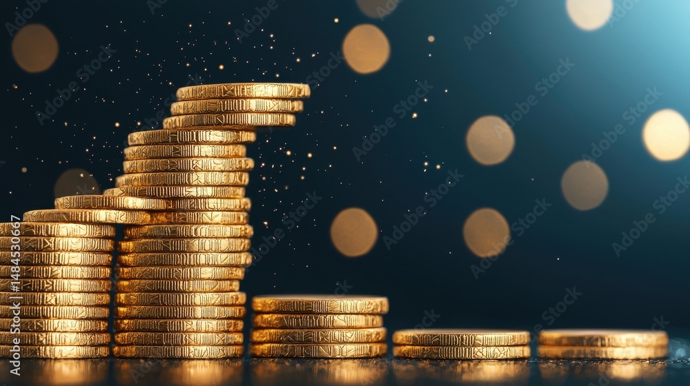 Poster stacked gold coins with sparkling bokeh effect on dark background in concept of wealth and prosperit