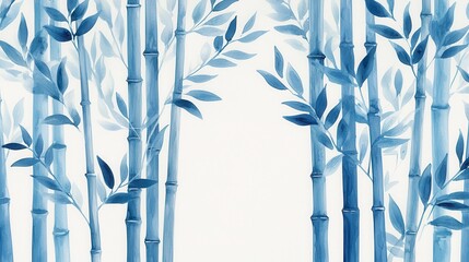 Tranquil Abstract Bamboo Forest with Delicate Blue Hues and Soft Leaf Patterns on a White Background