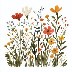 Fototapeta premium Creative Clip Art of a Wildflower Meadow Bloom with Various Colorful Flowers and Greenery