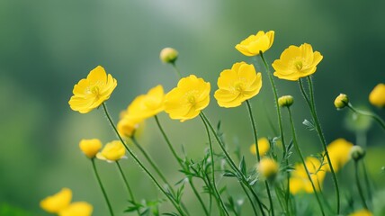 Fototapeta premium Creeping Buttercup With Bright Yellow Petals Against A Soft, Muted Green Background
