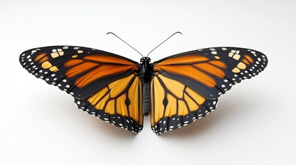 Naklejka premium Monarch butterfly perfection sharp and detailed wings spread symmetrically beautiful color contrast on a pure white background overlay cut out on isolated transparent removed background