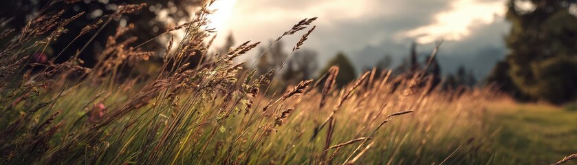 Obraz premium Blowing in the wind with foliage over morning meadow concept. Serene view of golden grass swaying gently in the breeze.