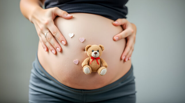 Woman pregnant belly with little teddy toy bear. Concept photo with symbol of many meanings for expectant mother during pregnancy and her unborn baby.