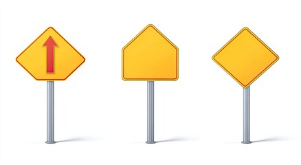 Three yellow road signs with different shapes, one with an upward red arrow.  Gray metal posts support signs