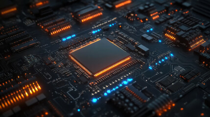 Fototapeta premium Glowing computer chip and CPU motherboard technology circuit board .