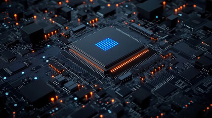 Fototapeta premium Glowing computer chip and CPU motherboard technology circuit board .