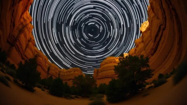 vr 360 camera hyperlapse star trails over sandstone canyon walls and trees.