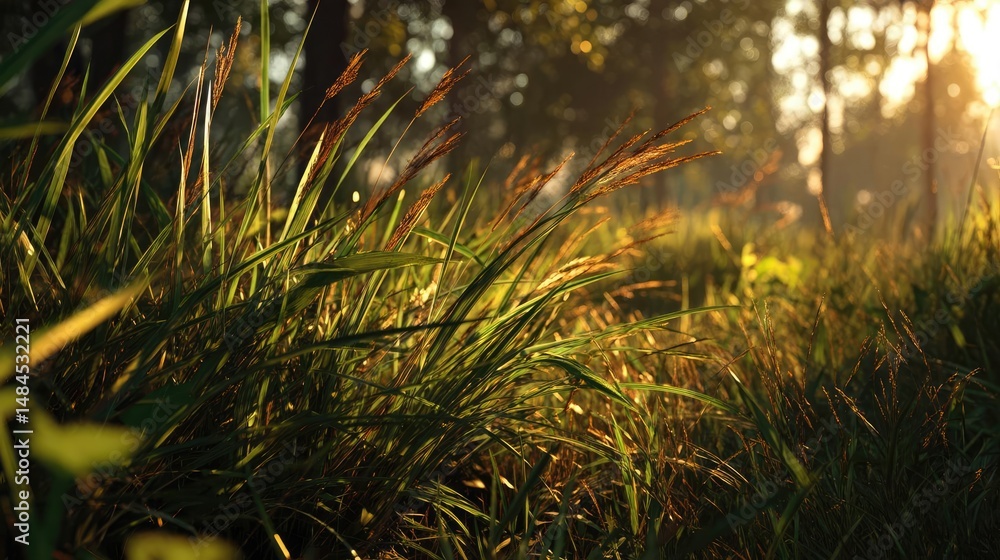 Aufkleber blowing in the wind with foliage over morning meadow concept. sunlight filters through lush grass in