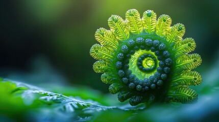 A close-up of a vibrant green fern with its intricate fronds unfurling, showcasing the delicate and symmetrical patterns of plant growth in the forest understory