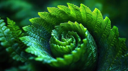 A close-up of a vibrant green fern with its intricate fronds unfurling, showcasing the delicate and symmetrical patterns of plant growth in the forest understory