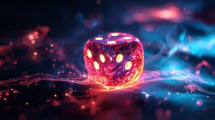 Quantum dice roll &mdash; cute glowing visualization of probability in quantum measurements, magical dice with sparkling elements symbolizing superposition and chance.
