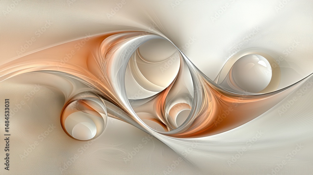 Poster abstract swirls and spheres in soft tones of peach and cream illustrating fluid movement and eleganc