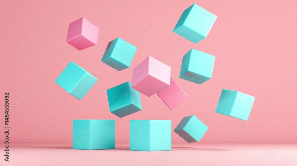 Aufkleber colorful 3d geometric cubes floating above a soft pink background creating a playful and modern atmo
