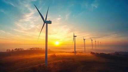 Fototapeta premium Wind turbines generating clean energy in morning fog at sunrise
