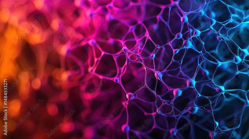 Poster Abstract colorful network design with glowing lines and interconnected nodes on a dark background