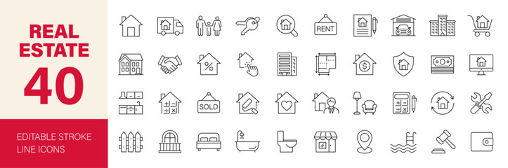 Real estate icon set. Containing realty, property, mortgage, home loan, rent, building, agent, house, realtor, home sale and more. Editable line icons. Vector illustration.