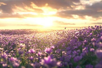 afternoon sun enhancing the colors of a vast purple flower field, tranquil scene