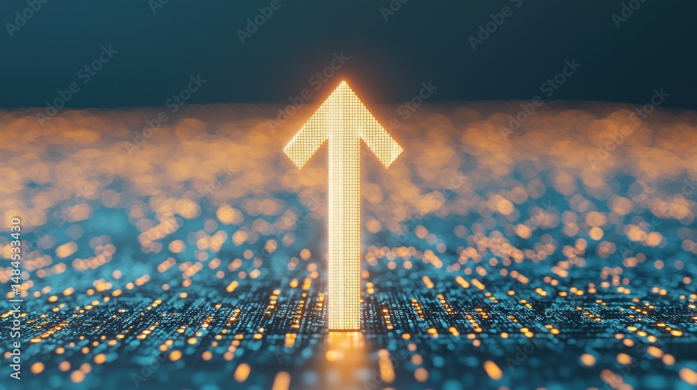 Poster bright digital arrow signaling growth and progress overlaid on glowing data background