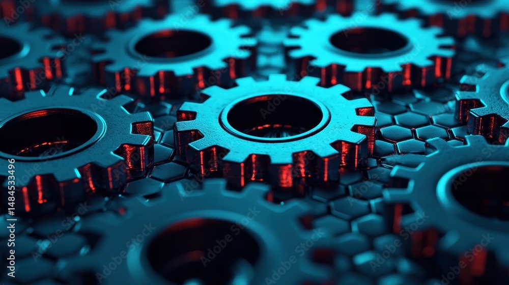 Poster intricate arrangement of metal gears with a vibrant blue and red color palette on a honeycomb patter