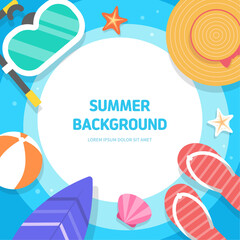 Flat Vector Summer Beach Background with Vacation Elements