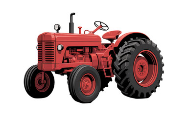 Obraz premium Flat-style illustration of a red farm tractor with large wheels and engine details on a white background in PNG format