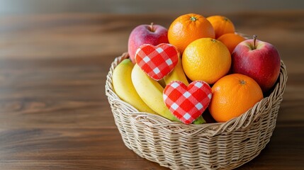Fresh Fruits in a Woven Basket with Heart-Shaped Decorations on a Wooden Surface