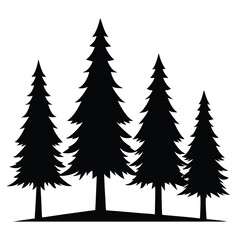 Fototapeta premium Silhouette of four evergreen pine trees isolated on a white background in black and white