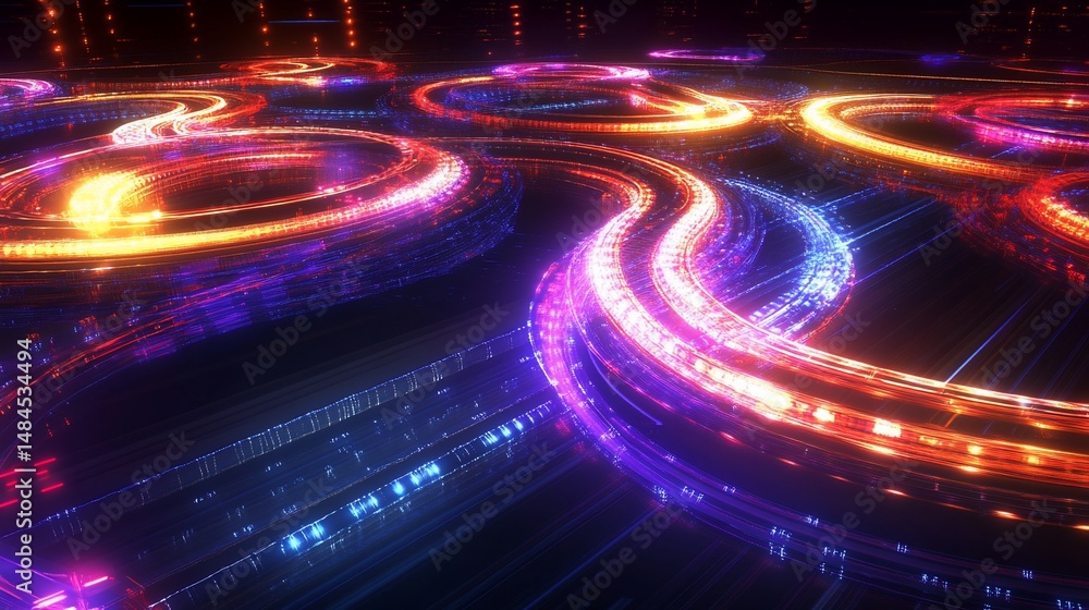 Poster abstract rendering of luminous rings and lines against a dark background
