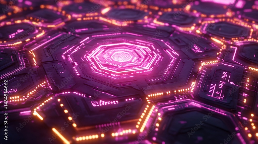 Poster abstract technology background with glowing pink and orange circuits and hexagonal shapes