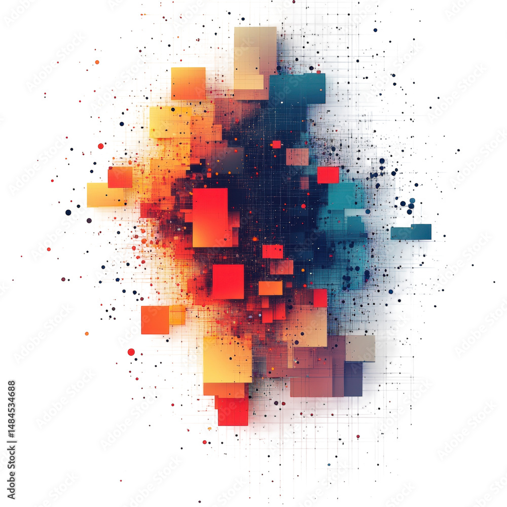 Poster digital explosion of vibrant squares in abstract data flow with sharp on transparent background