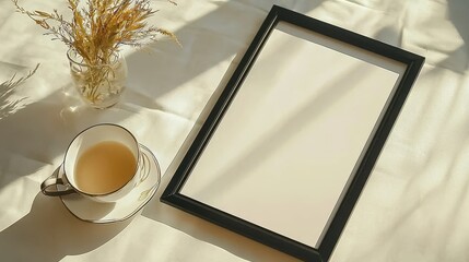 Minimalist workspace scene featuring a tea cup, a picture frame, and delicate dried flowers on a table