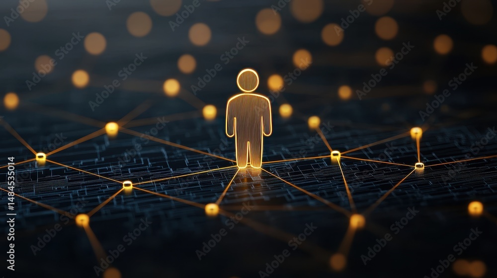 Poster human figure surrounded by glowing lines and nodes representing connection and networking in digital