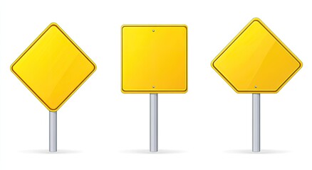 Three blank, yellow traffic signs, diamond and square shapes, mounted on gray metal posts.  Detailed illustration of road signs on white background