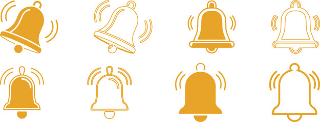 Notification bell icon set. Incoming inbox message. New message notification icons collection. Ringing bell and notification vector illustration. Alarm symbol icon