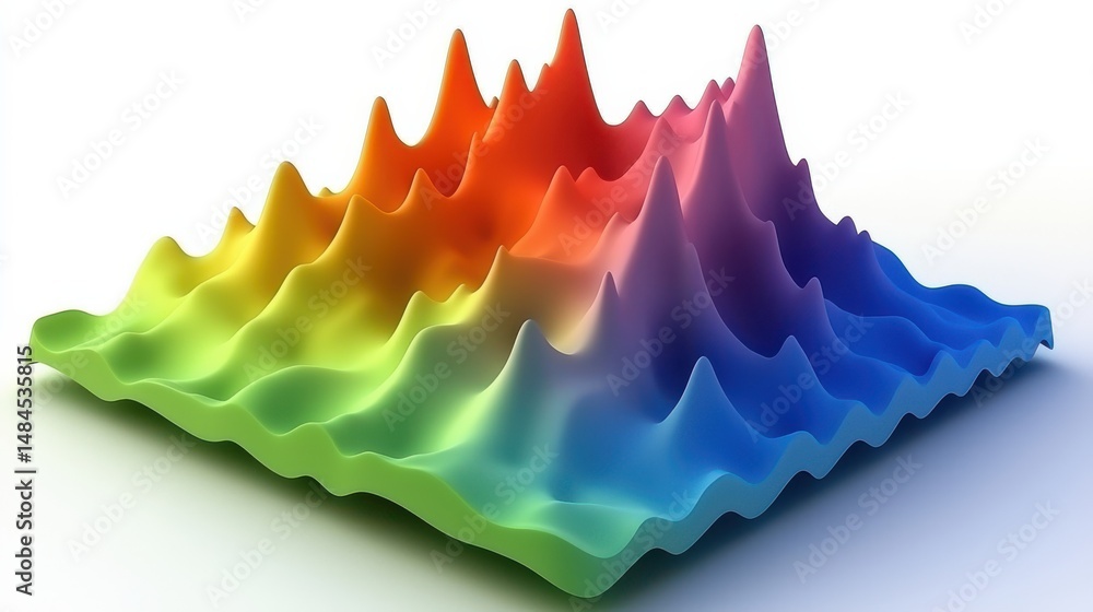 Poster colorful 3d surface plot of data representation with vibrant peaks and valleys in gradient shades