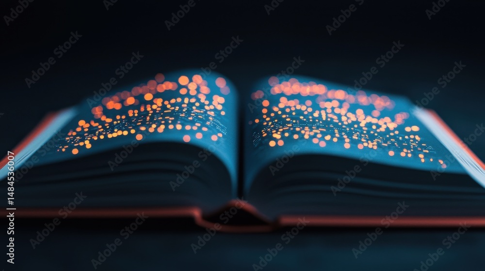Poster open book with glowing bokeh lights creating a magical fantasy atmosphere in a dark background