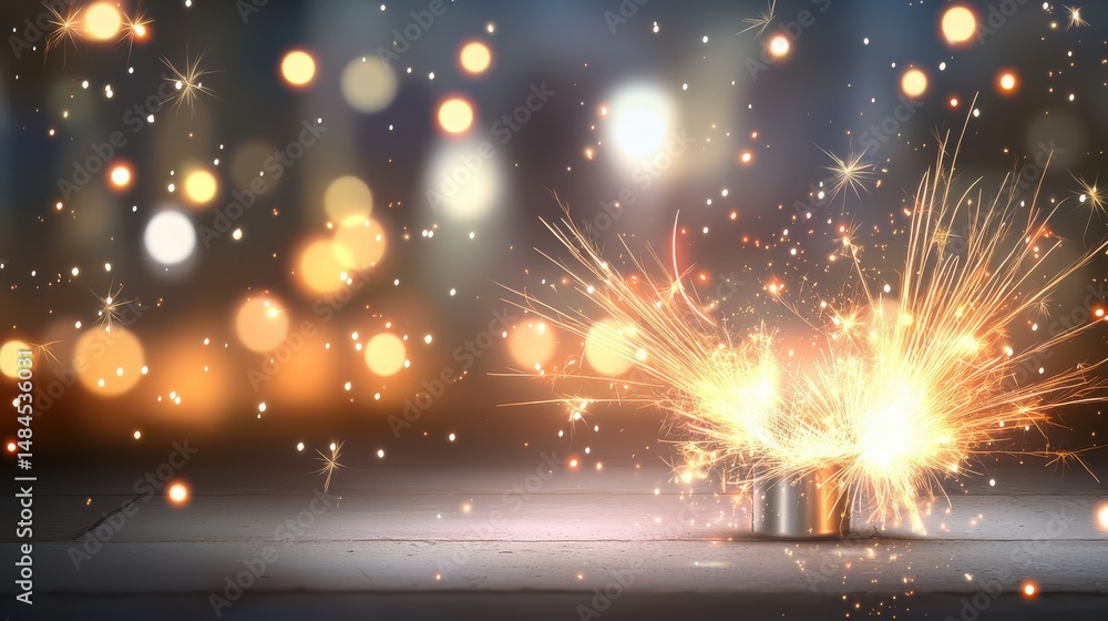 Poster sparkling fireworks explosion with colorful bokeh background in vibrant night scene