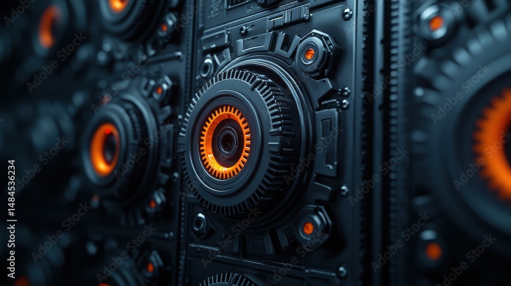 Poster futuristic mechanical background with intricate details and glowing orange elements in dark environm