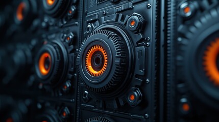 Futuristic Mechanical Background with Intricate Details and Glowing Orange Elements in Dark Environment
