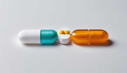 Image shows variety of pills and capsules arranged row plain surface, including large white and teal capsule, small white pill with yellow tablets inside, and orange capsule, all with clean