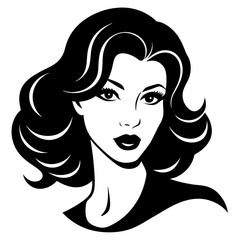 Vector art illustration of a glamorous woman with long black hair, her face showcasing beautiful eyes and lips, a stylish head sketch for fashion and spa design