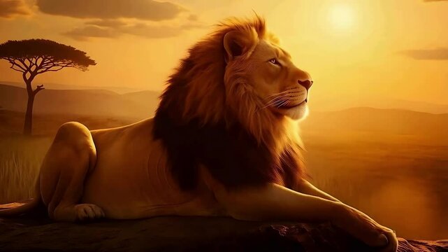 Majestic lion king resting on rock at sunset wildlife animal nature photography wallpaper background. A lion rests under the golden sun. Big cat under warm sunlight. Sunset in the savanna with a lion