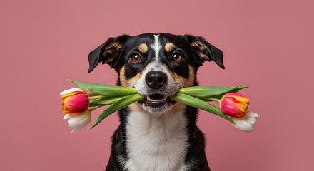Dog Holding Tulips in Mouth Happy Spring Flower Delivery Concept