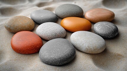 A collection of smooth, polished stones in varying shades of grey and brown arranged in a circular pattern on a sandy surface, suggesting balance and natural harmony