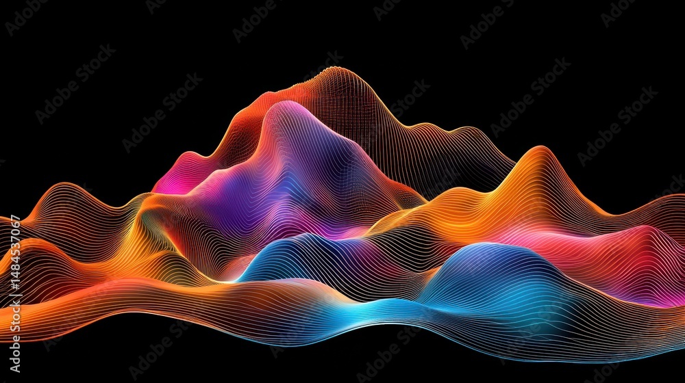 Poster colorful wave patterns forming abstract mountains in a dark background with vibrant curves and lines