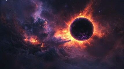 A dramatic solar eclipse is depicted, with a solid black silhouette of the moon perfectly aligned in front of the sun.