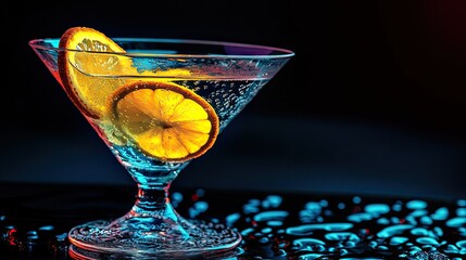 A dark, elegant martini glass filled with a rich, dark beverage, highlighted by a twist of orange peel perched on the rim.